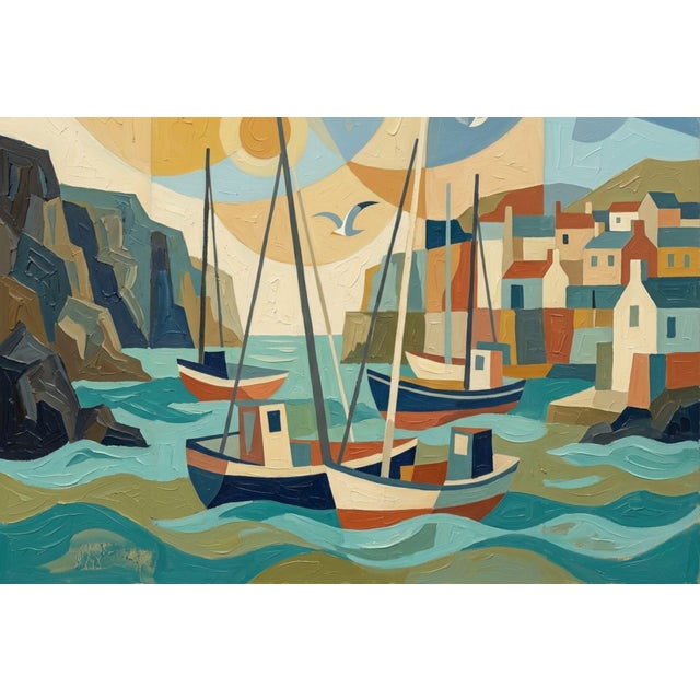 Colorful Harbor Boats Painting, Coastal Abstract Art Print, 36″ × 24″ For Sale