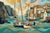 Colorful Harbor Boats Painting, Coastal Abstract Art Print, 36″ × 24″ For Sale