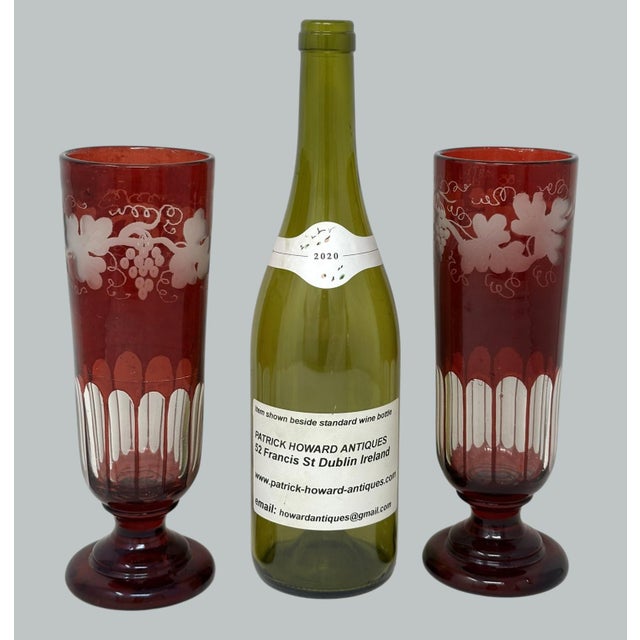 Gemstone Antique Bohemian Czechoslovakia Ruby Cranberry Glass Pair Goblets Vases Egermann For Sale - Image 7 of 7