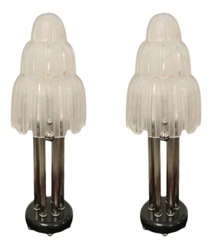 French Art Deco "Waterfall" Table Lamps Signed by Sabino - a Pair