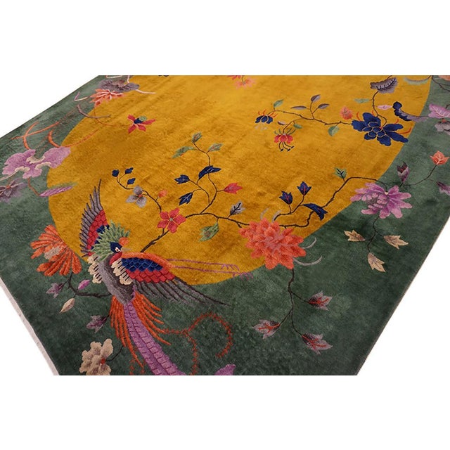 Textile 1920s Orange Floral Modern Antique Chinese Art Deco Carpet 9' X 11' 6" Handknotted Wool Rug For Sale - Image 7 of 9