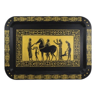 Vintage Hand Painted Egyptian Revival Tole Tray Black and Gold Pharaoh Motif Rectangular Serving Tray For Sale