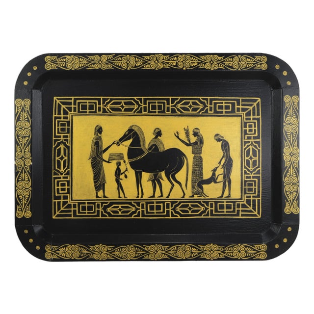Vintage Hand Painted Egyptian Revival Tole Tray Black and Gold Pharaoh Motif Rectangular Serving Tray For Sale