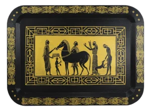 Vintage Hand Painted Egyptian Revival Tole Tray Black and Gold Pharaoh Motif Rectangular Serving Tray
