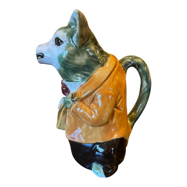 Antique French Majolica Fox Playing a Mandolin Pitcher For Sale