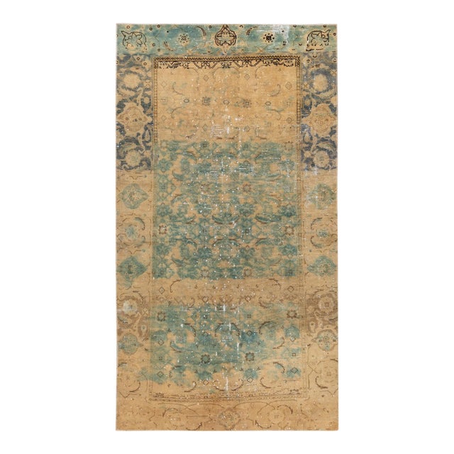 Vintage Distressed Turkish Handmade Turquoise Wool Rug For Sale