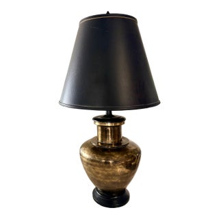 1970's Oversized Gold Brass and Black Wood Lamp With Black Shade in the Style of Ralph Lauren For Sale