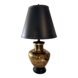 1970's Oversized Gold Brass and Black Wood Lamp With Black Shade in the Style of Ralph Lauren
