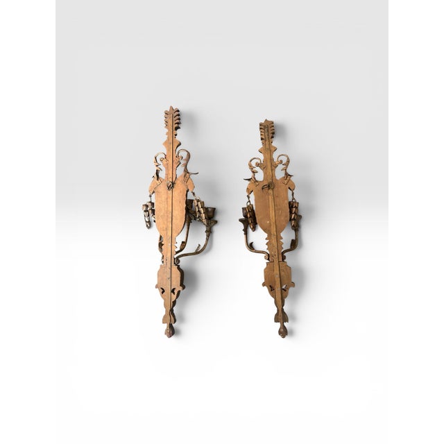 Wood 1960s Pair of Monumental 31” Italian Rococo Revival Carved Wood & Metal Wall Sconces For Sale - Image 7 of 12