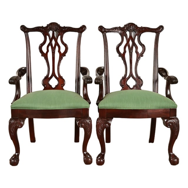 Thomasville Chippendale Carved Mahogany Armchairs, Pair For Sale