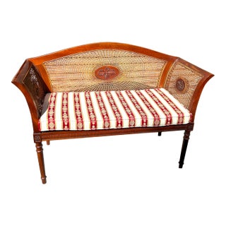 Vintage English Regency Style Caned Settee Bench For Sale