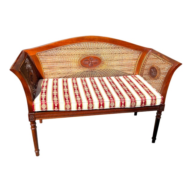 Vintage English Regency Style Caned Settee Bench For Sale