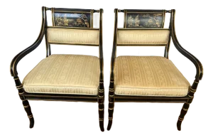 Black & Gold Hollywood Regency Armchairs by Baker -a Pair