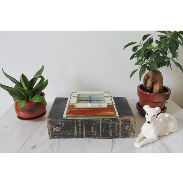 Vintage square wood and mirror ashtray or trinket tray. Souvenir of Belgium. Some age wear to wood and age spots on mirror.