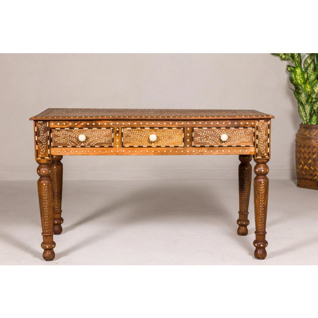 English Early 21st Century Anglo Indian Style Mango Wood Console or Desk with Three Drawers & Bone Inlay For Sale - Image 3 of 12