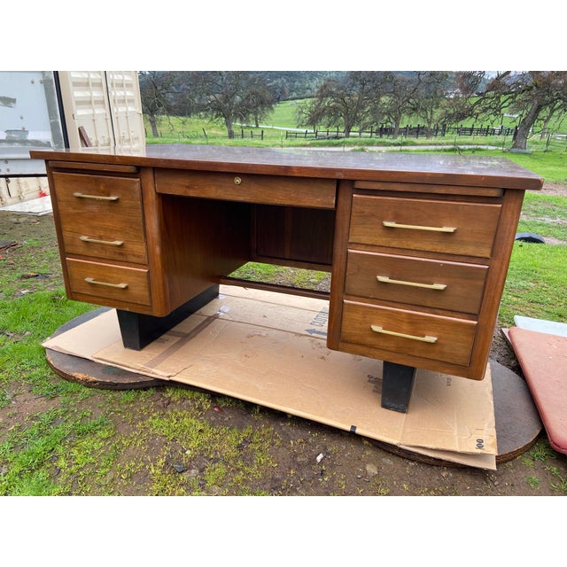 1970s Vintage Mid Century Modern Wooden Tanker Desk For Sale - Image 11 of 12