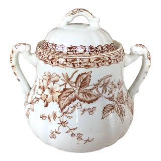 1930s Brown English Transfer Ware "Blackberry" Lidded Canister / Large Sugar Bowl For Sale