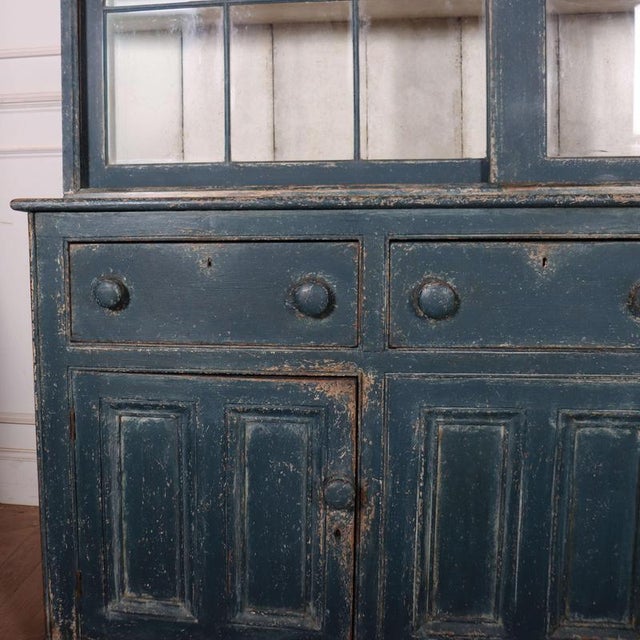 Stunning early 19th C English pine glazed kitchen dresser with wonderful architectural detail. 1820 Upper shelf depth 22cm...