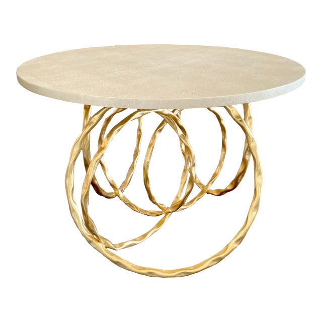 White Faux Shagreen Round Top on Large Gold Iron Overlapping Round Roxy Dining Table by Made Goods For Sale