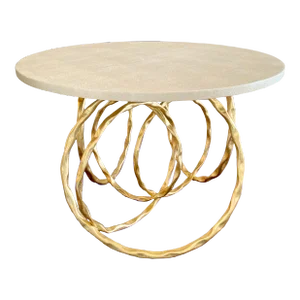White Faux Shagreen Round Top on Large Gold Iron Overlapping Round Roxy Dining Table by Made Goods