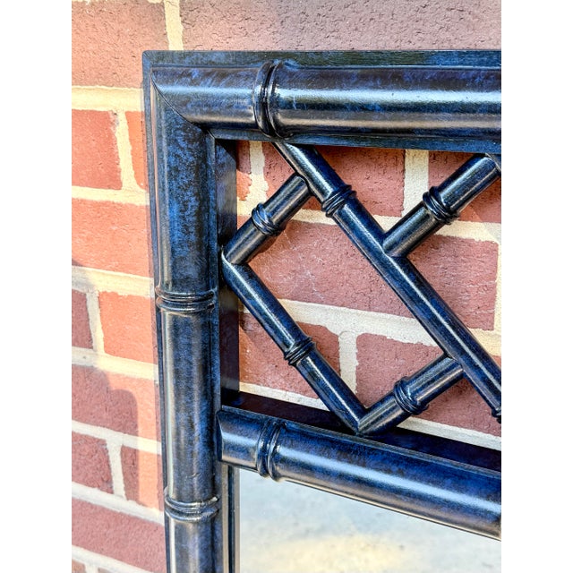 Vintage Grand Pair of Dixie Aloha Faux Bamboo Mirrors in Bespoke Turtle and Crane Lapis Finish - Dorothy Draper Style - Newly Painted For Sale - Image 9 of 10