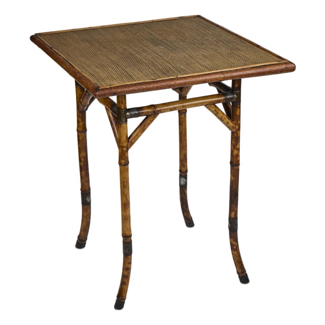 Antique Chinoiserie Tortoiseshell Bamboo + Grass Cloth Side Table For Sale