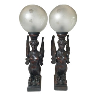 Circa 1880 Pair of Great Hand Carved Wood Winged Caryatids-Griffins Now as Lamps For Sale