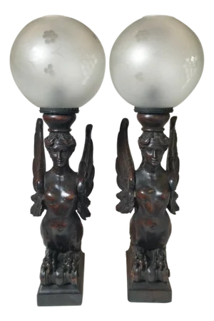 Circa 1880 Pair of Great Hand Carved Wood Winged Caryatids-Griffins Now as Lamps