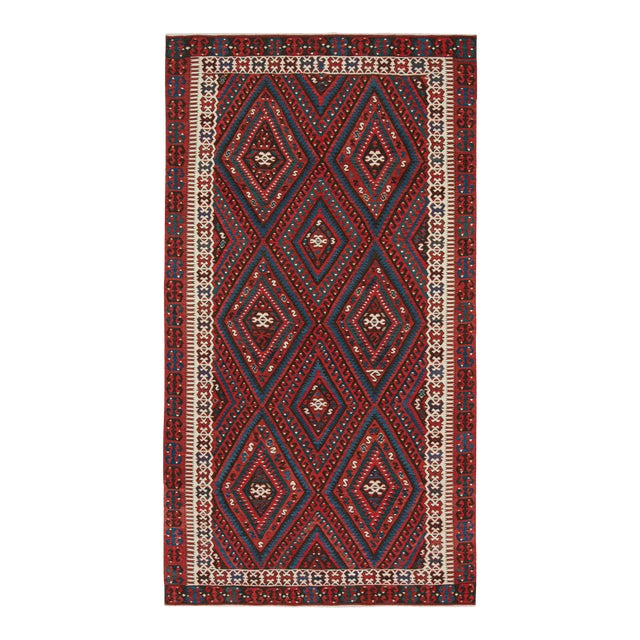 Vintage Mid-Century Fethiye Diamond Tribal Red and Blue Wool Kilim Rug For Sale