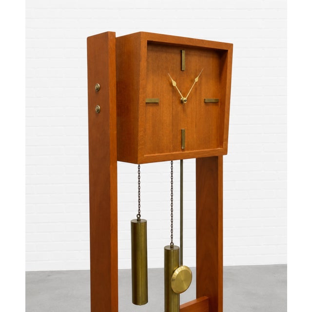 1960s Mid Century Modern Teak + Brass Weight Drive Chiming Floor Clock, C. 1960’s, Denmark For Sale - Image 5 of 12