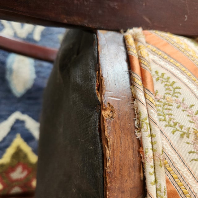 Antique Parisian Armchair, Side / Parlor, Gilt Floral Inlaid Medallion & Gilt Lined Frame French Victorian Original Satin STripe Uphostery - Few Flaws For Sale - Image 9 of 16