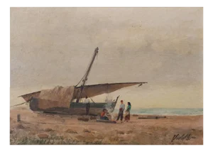 Mediterranean Fishing Boat Beach Scene, Oil on Board, 20th Century, Framed