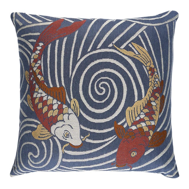 Schumacher Koi Fish 20" Pillow In Indigo For Sale