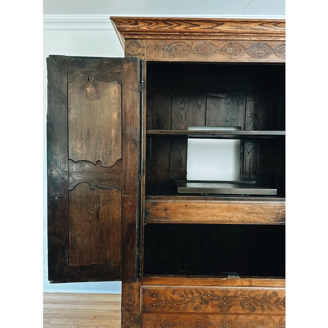 French Provincial Antique Handcarved French Oak Armoire | 1867 For Sale - Image 3 of 5