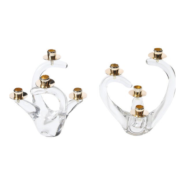 Pair of Mid-Century Amorphic Crystal & Brass 4 Arm Candelabras Signed Schneider For Sale