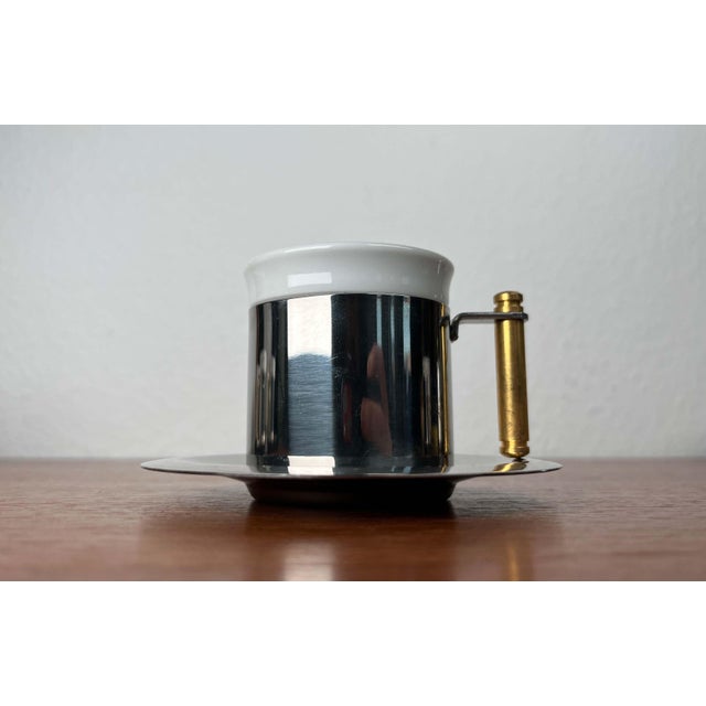 Metal Italian Postmodern Lavazza Oro Series Espresso Cups and Saucers from Balzano, 1980s, Set of 7 For Sale - Image 7 of 18