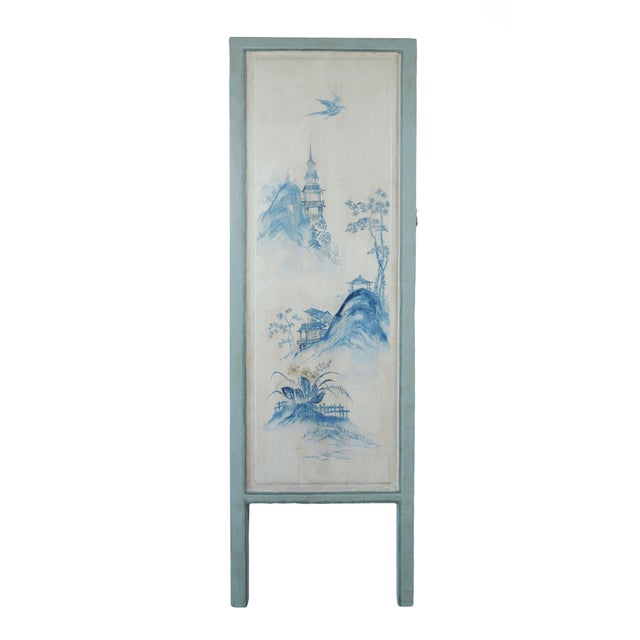 Large Chinese 20th-Century Cabinet With Blue and White Hand-Painted Flowers and Landscape Panels For Sale - Image 10 of 12