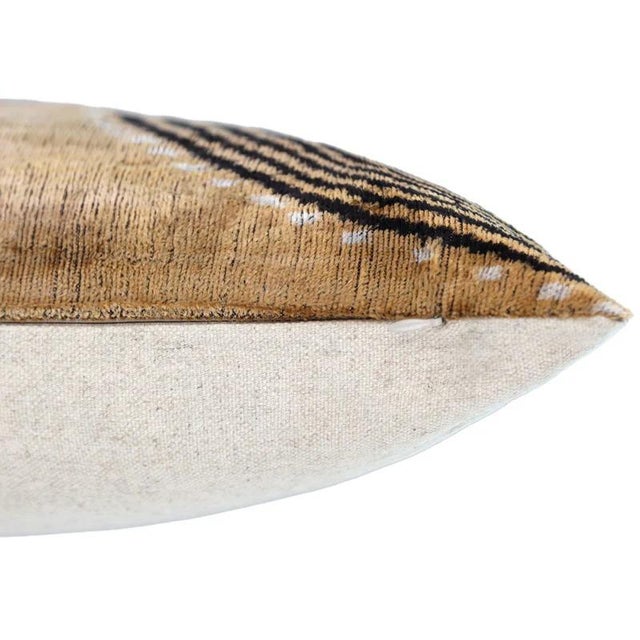 Luxury Earth-Tone Silk Velvet Throw Pillow 16x24 – Handmade Tribal Modern Geometric Lumbar For Sale In San Francisco - Image 6 of 8