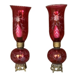 1960s Pair of Cranberry Flashed Cut Glass Boudoir Electric Table Lamps on Marble For Sale