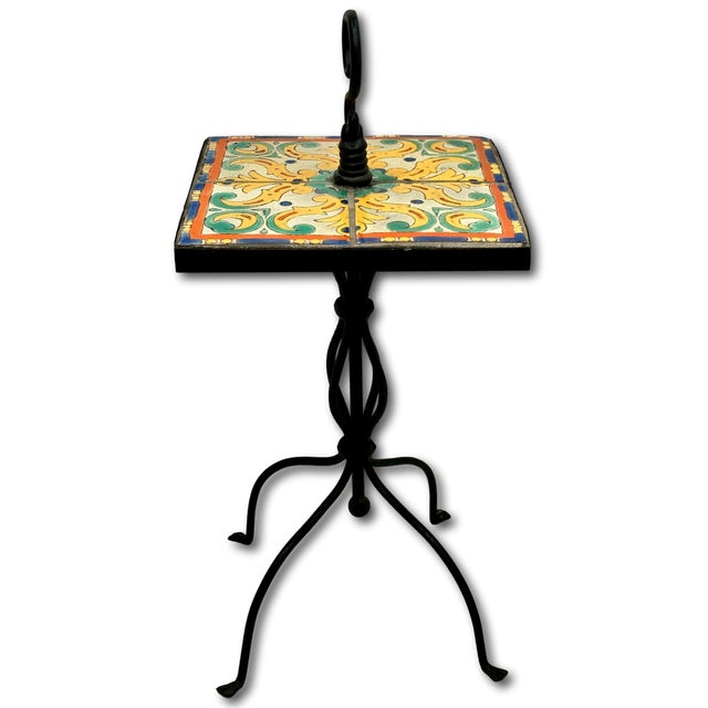 Rare Vintage 1920s California Catalina Island Art Pottery Tile & Hand Wrought Iron Patio Stand - AccentTable For Sale - Image 13 of 18