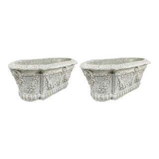 Pair of Vintage Hollywood Regency Cast Stone Garden Planters in Pistachio & White Wash For Sale