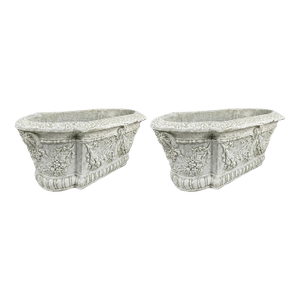 Pair of Vintage Hollywood Regency Cast Stone Garden Planters in Pistachio & White Wash