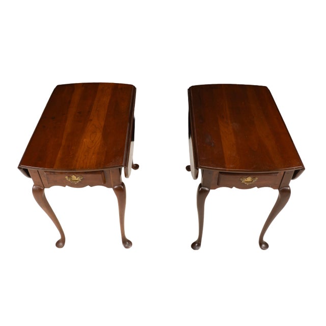 Brown 1970s Pair Hitchcock Solid Cherry Drop Leaf Side Tables Queen Anne Style End Tables For Sale - Image 8 of 15