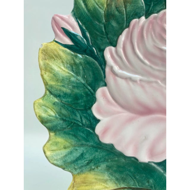 Italian Vintage Large Italian Pink Rose & Green Zaccagnini Pottery Decorative Wall or Serving Plate For Sale - Image 3 of 9