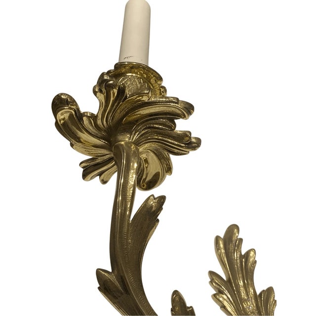 Antique French Empire Double-Arm Wall Sconce Solid Brass Acanthus Leaf For Sale - Image 4 of 6