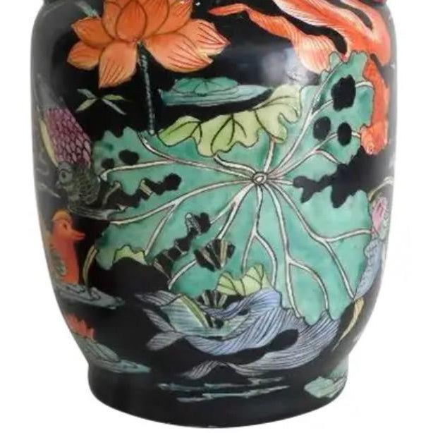 Vintage Mid-Century Chinese Famille Noire Baluster Vase Hand Painted Lotus and Koi Fish 14 Inch For Sale - Image 9 of 13