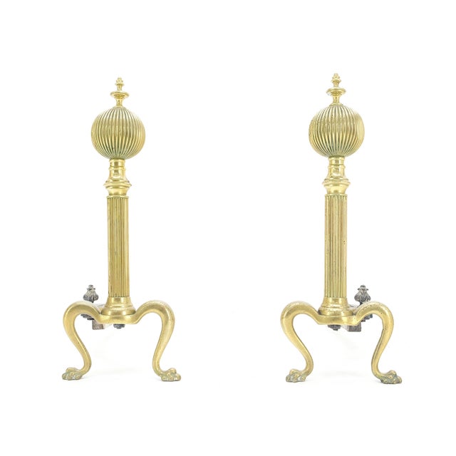 Pair of Antique Solid Brass Ball Top Claw Feet Fireplace 22" Tall End Irons MINT For Sale - Image 4 of 9