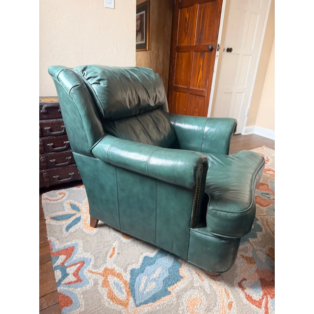 Wood Hancock & Moore Styled Green Leather Club Chair With Ottoman For Sale - Image 7 of 9