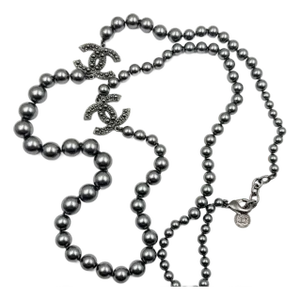 Chanel Gunmetal CC Scatter Pearl Gray Pearl Long Necklace 100 Year Anniversary