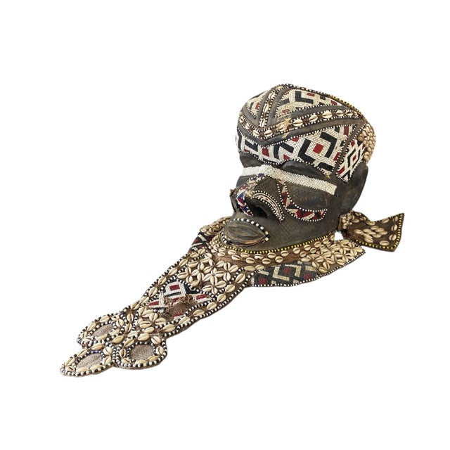 Vintage Large African Tribal Beaded Kuba Royal Head Mask/Helmet Sculpture Congo 11" H For Sale - Image 4 of 12
